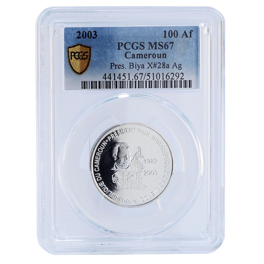 Cameroon 150000 francs Pres. Biya 100 Africa Elephant MS67 PCGS silver coin 2003