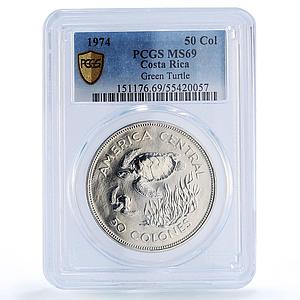Costa Rica 50 colones Green Turtle Conservation Fauna MS69 PCGS silver coin 1974