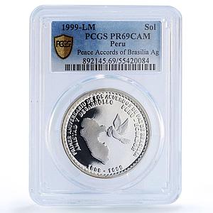 Peru 1 sol Peace Accords Brasilia Dove Ecuador Bird PR69 PCGS silver coin 1999