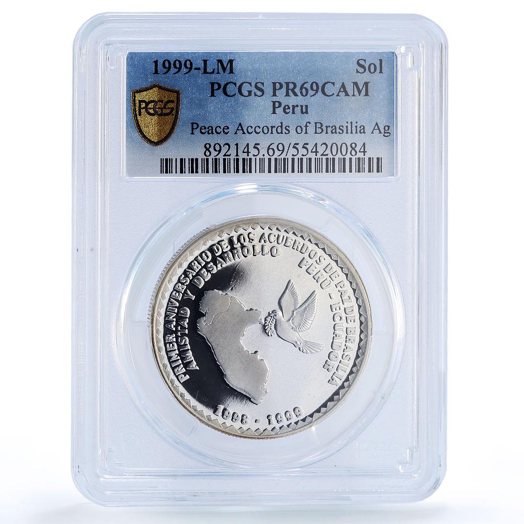 Peru 1 sol Peace Accords Brasilia Dove Ecuador Bird PR69 PCGS silver coin 1999