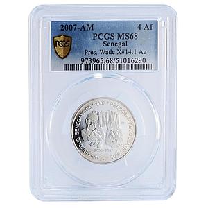 Senegal 6000 francs Pres. Wade Lion 4 Africa Elephant MS68 PCGS silver coin 2007