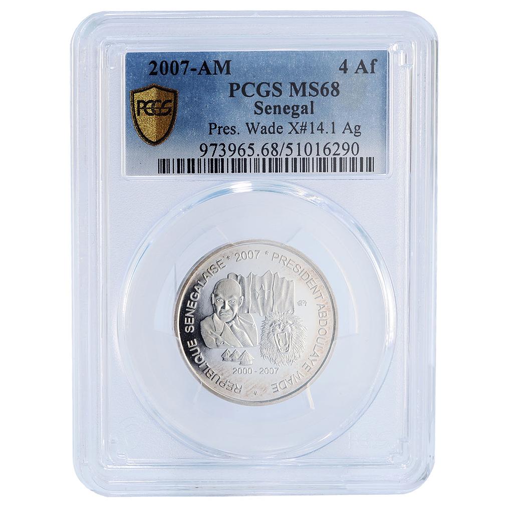 Senegal 6000 francs Pres. Wade Lion 4 Africa Elephant MS68 PCGS silver coin 2007