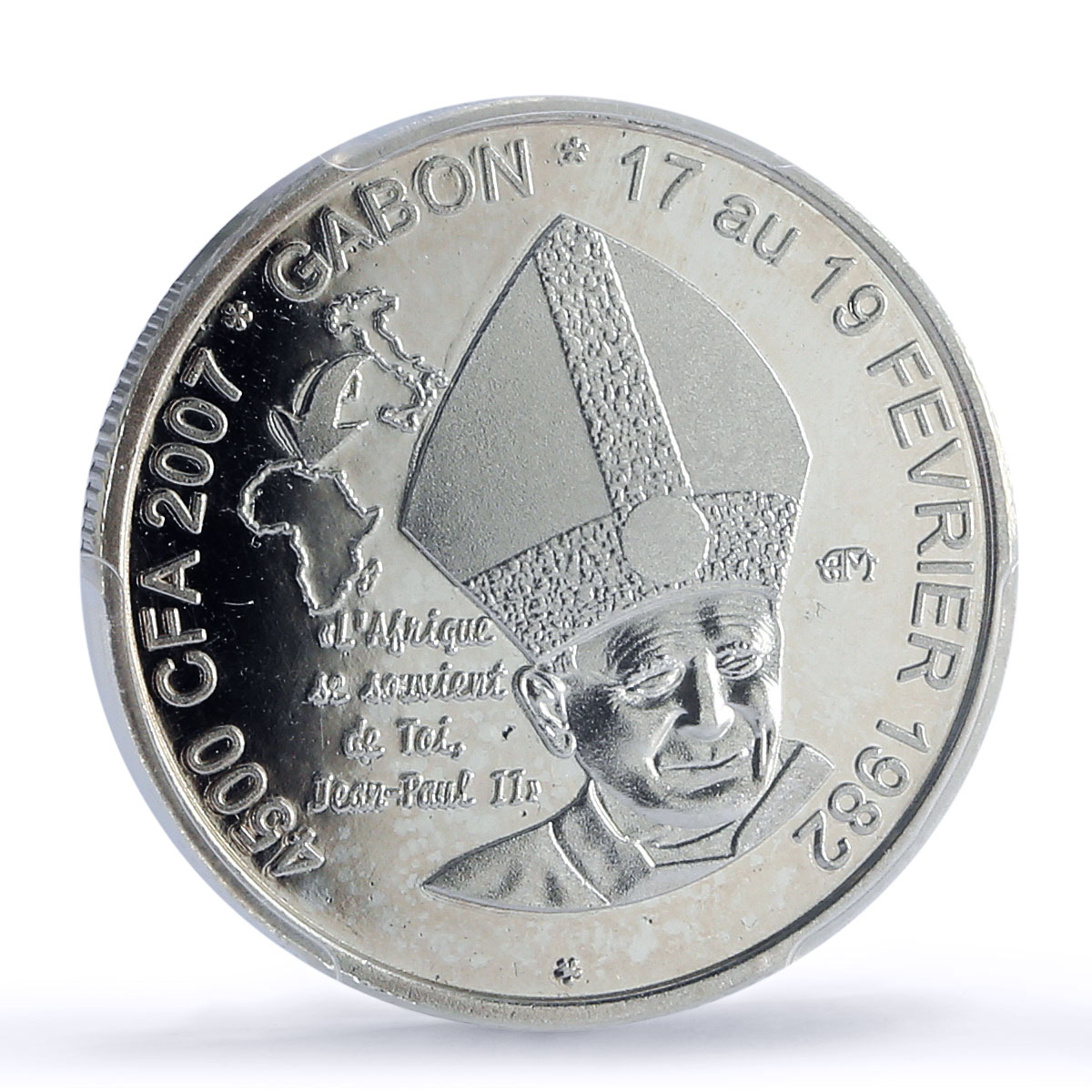 Gabon 4500 francs John Paul II IDAC 3 Africa Elephant MS67 PCGS silver coin 2007