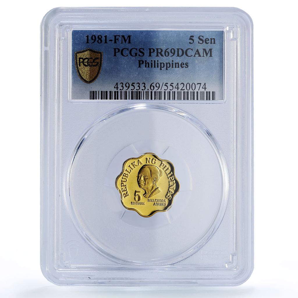 Philippines 5 sentimo Republic Coinage Melchora Aquino PR69 PCGS brass coin 1981