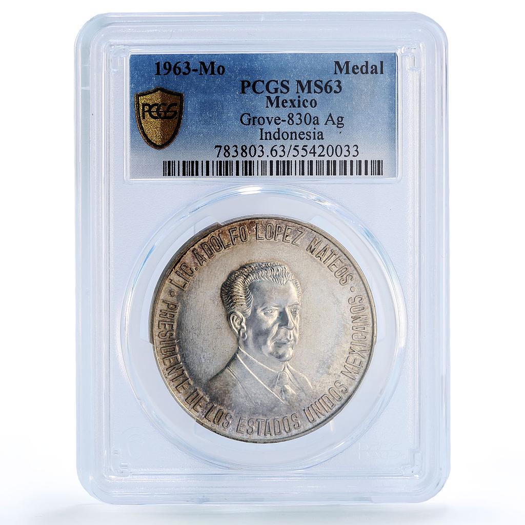 Mexico Lopez Mateos Indonesia Ganefo Games Olympics MS63 PCGS silver medal 1963