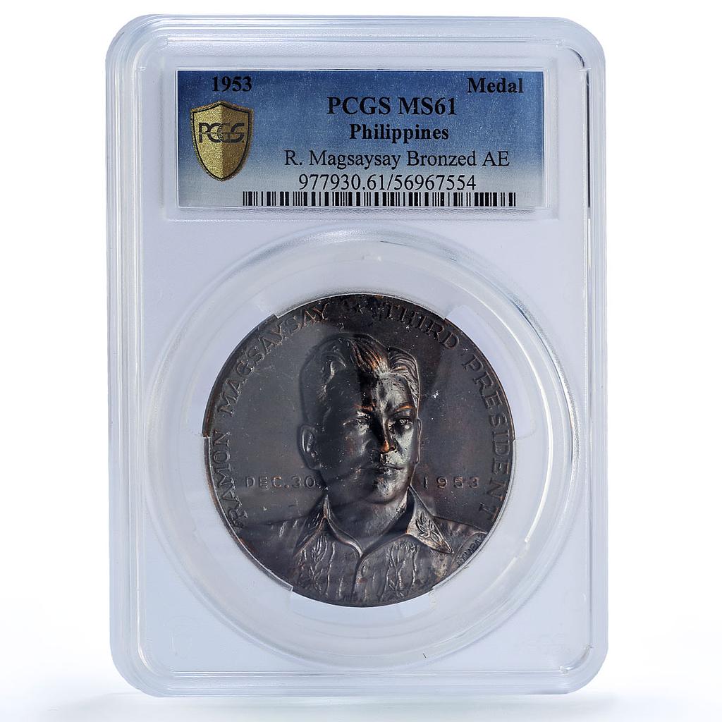 Philippines R Magsaysay Third President History Politics MS61 PCGS AE medal 1953