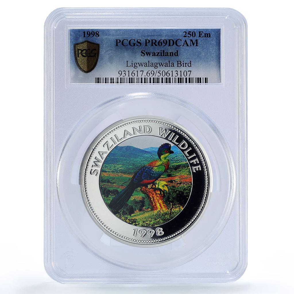 Swaziland 250 emalangeni Ligwalagwala Bird Fauna PR69 PCGS 5 oz coin 1998