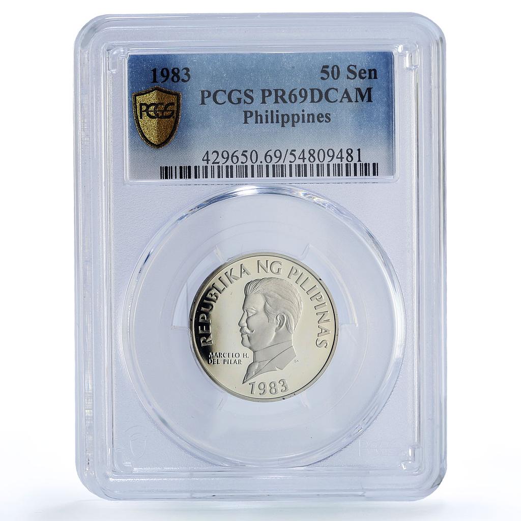 Philippines 50 sentimos Republic Coinage Marcelo Pilar PR69 PCGS CuNi coin 1983