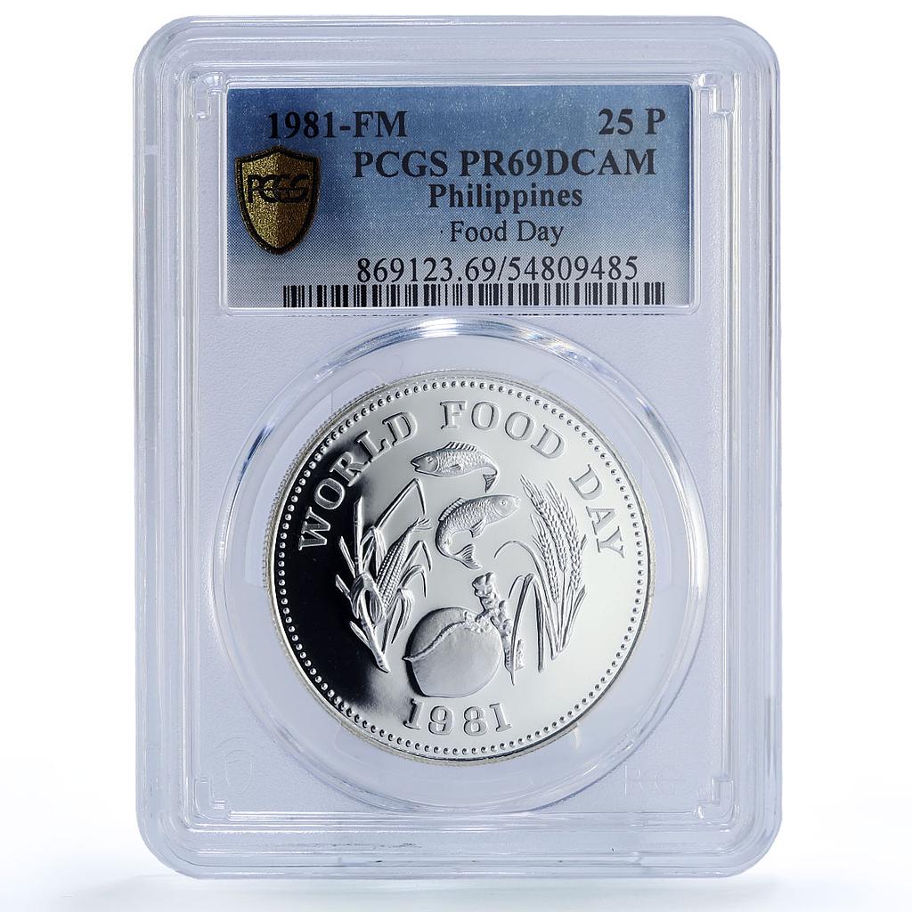 Philippines 25 piso FAO World Food Day Fish Fruits PR69 PCGS silver coin 1981