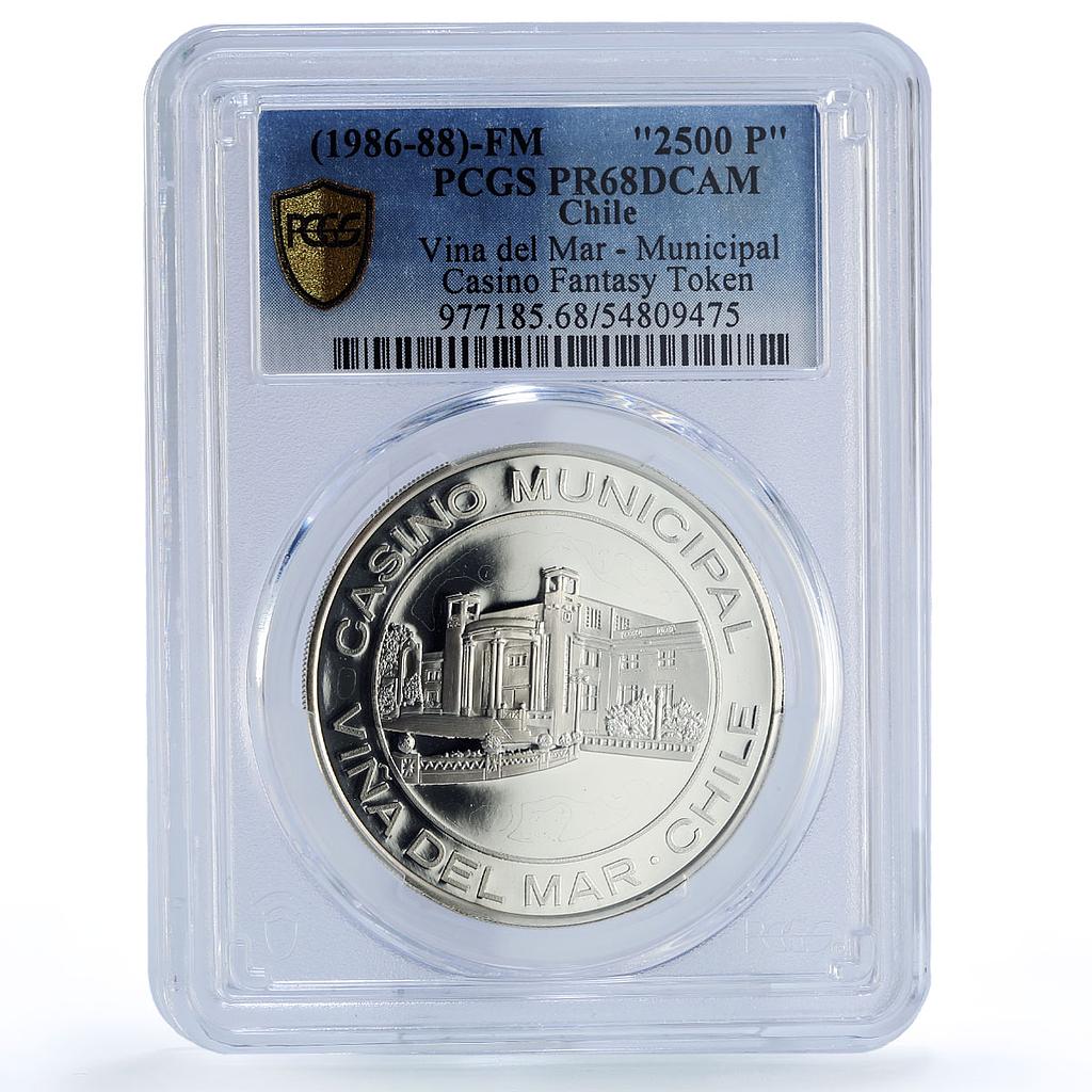 Chile Vina del Mar Casino Fantasy Token 2500 P. PR68 PCGS silver 1986 - 1988 FM