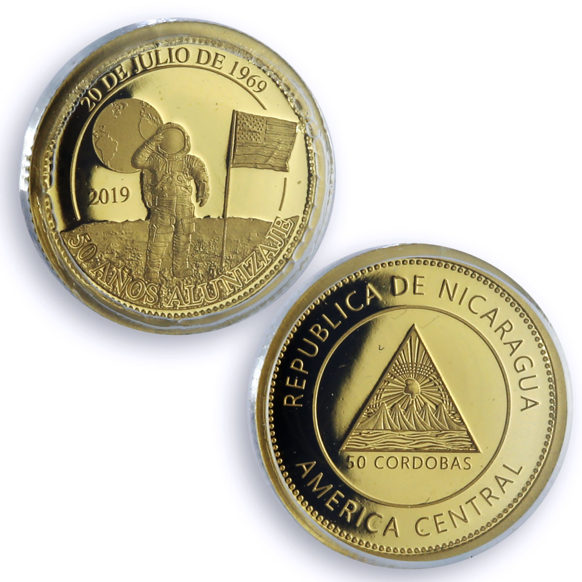 Nicaragua 50 cordobas Moon Landing Astronaut Space PR70 PCGS gold coin 2019
