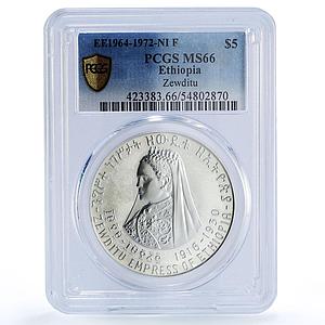 Ethiopia 5 dollars Zewditu Emperors Kings History MS66 PCGS silver coin 1972