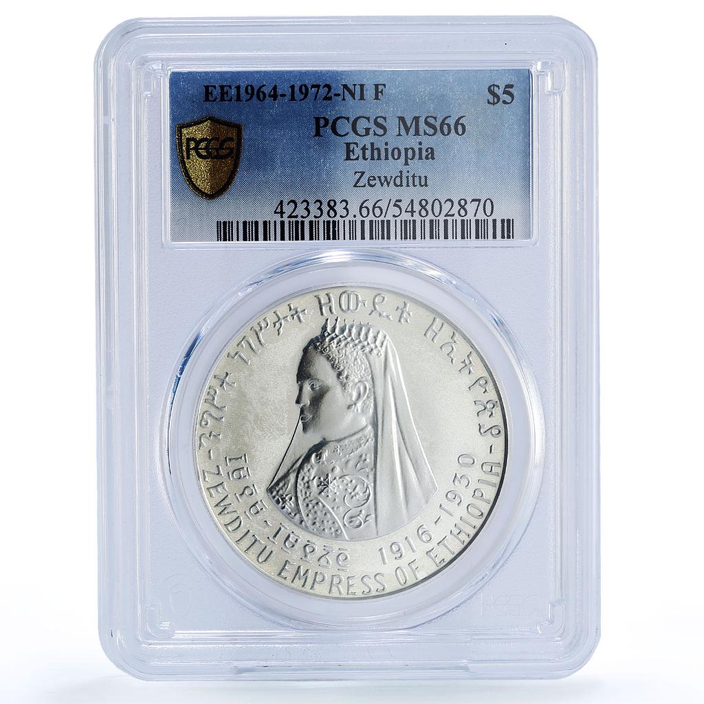 Ethiopia 5 dollars Zewditu Emperors Kings History MS66 PCGS silver coin 1972