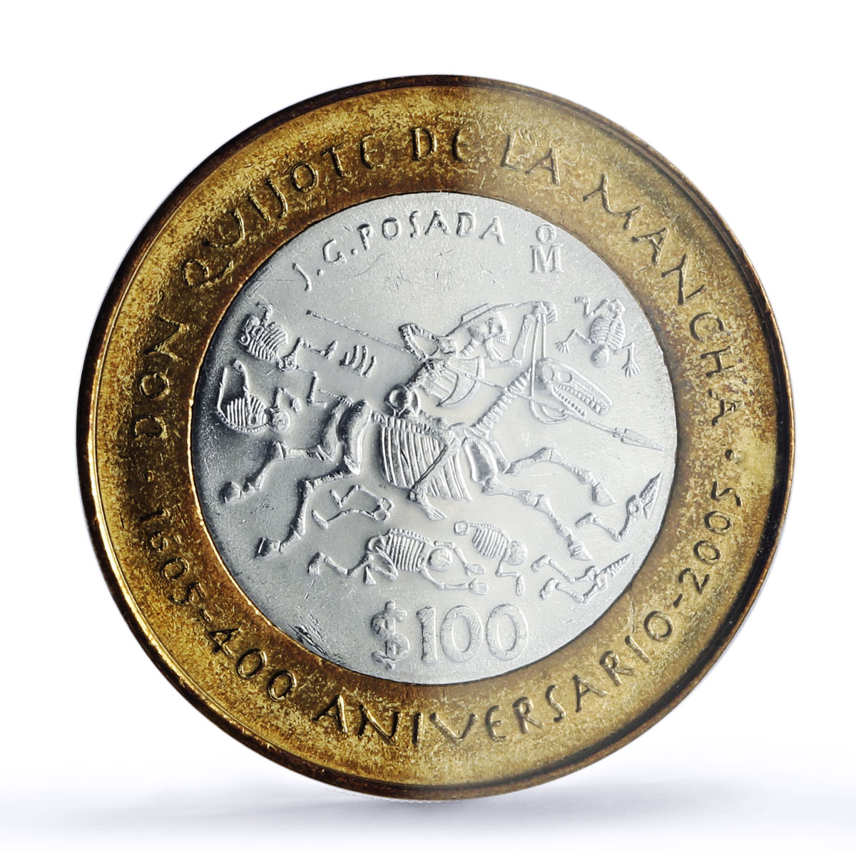 Mexico 100 pesos Don Quijote Cervantes Literature MS64 PCGS bimetal coin 2005