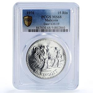 Malaysia 15 ringgit Gaur Bull Conservation Fauna MS68 PCGS silver coin 1976