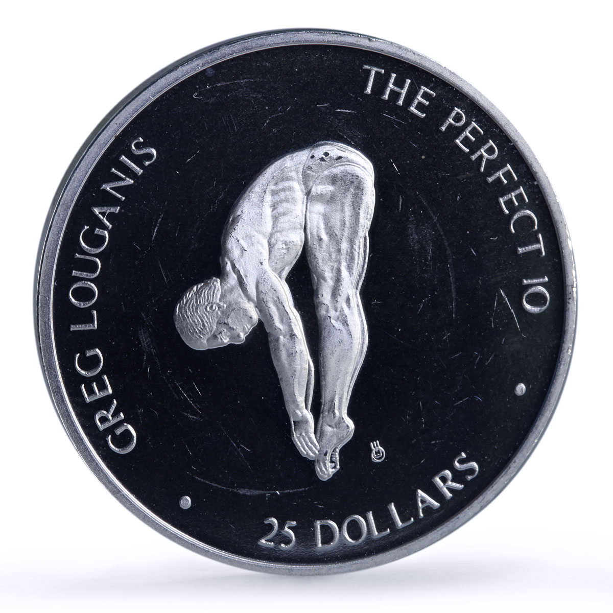 Marshall Islands 50 dollars Louganis Jackknife Perfect 10 proof silver coin 1988