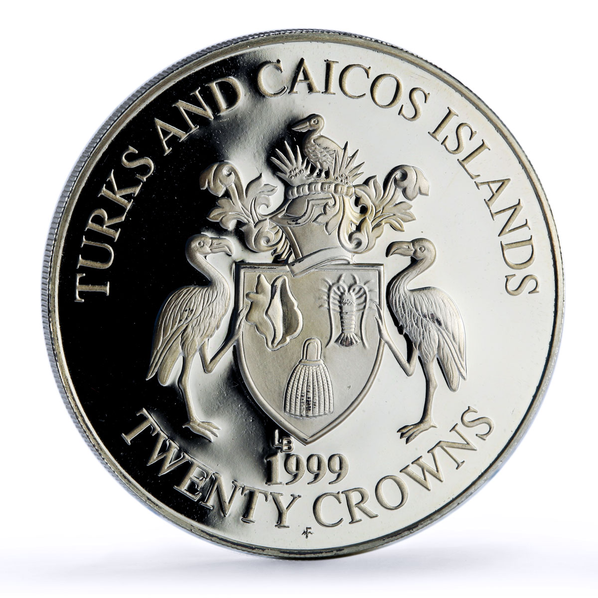 Turks and Caicos Islands 20 crowns Kingfisher Bird Fauna proof silver coin 1999