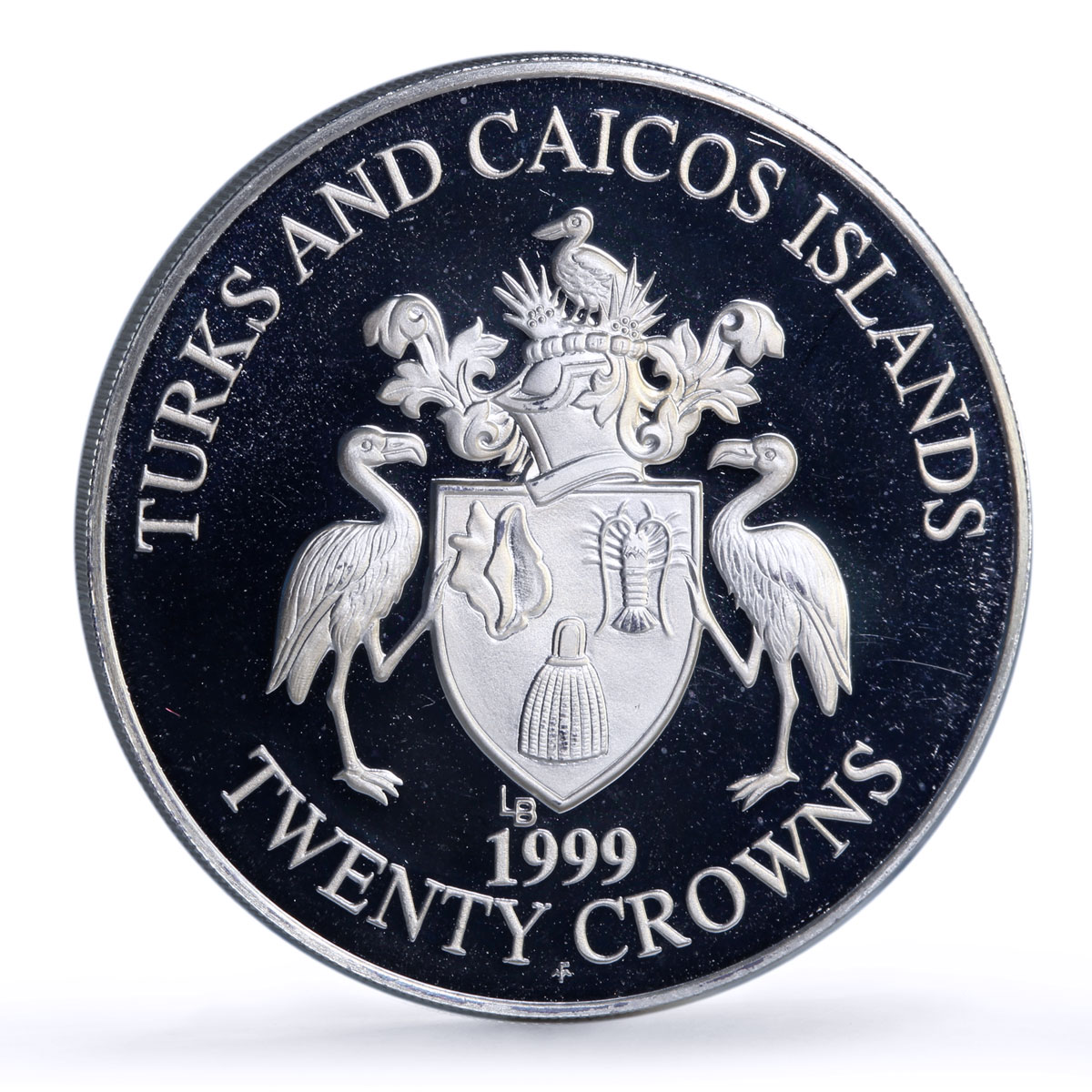 Turks and Caicos Islands 20 crowns Kingfisher Bird Fauna proof silver coin 1999