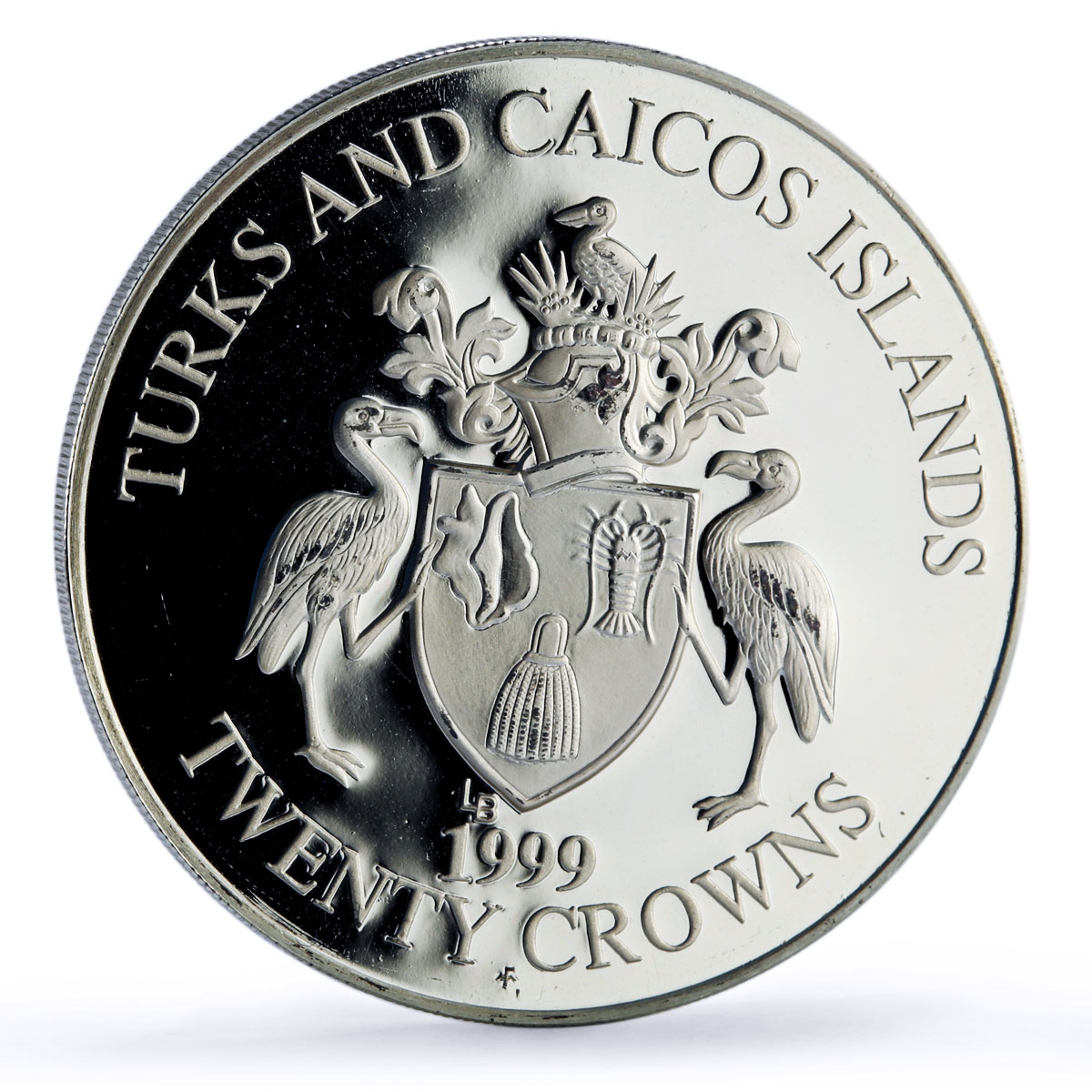 Turks and Caicos Is. 20 crowns Chrysanthemum Flower Flora proof silver coin 1999