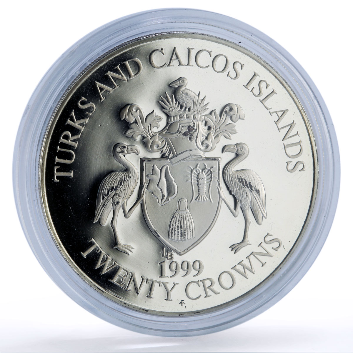 Turks and Caicos Is. 20 crowns Chrysanthemum Flower Flora proof silver coin 1999