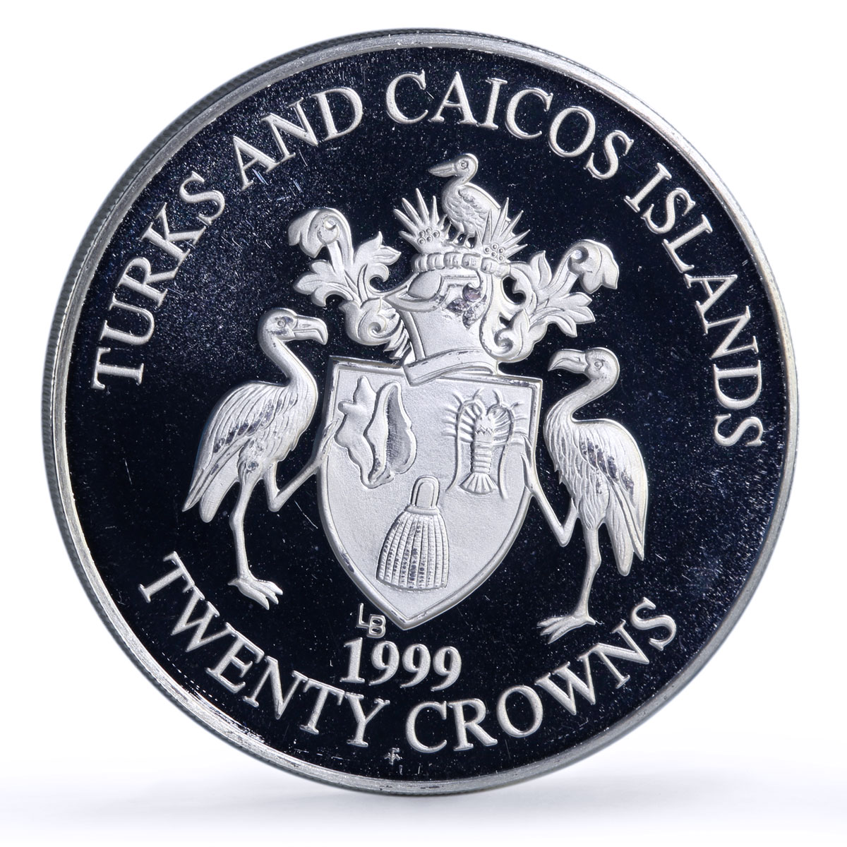 Turks and Caicos Is. 20 crowns Chrysanthemum Flower Flora proof silver coin 1999