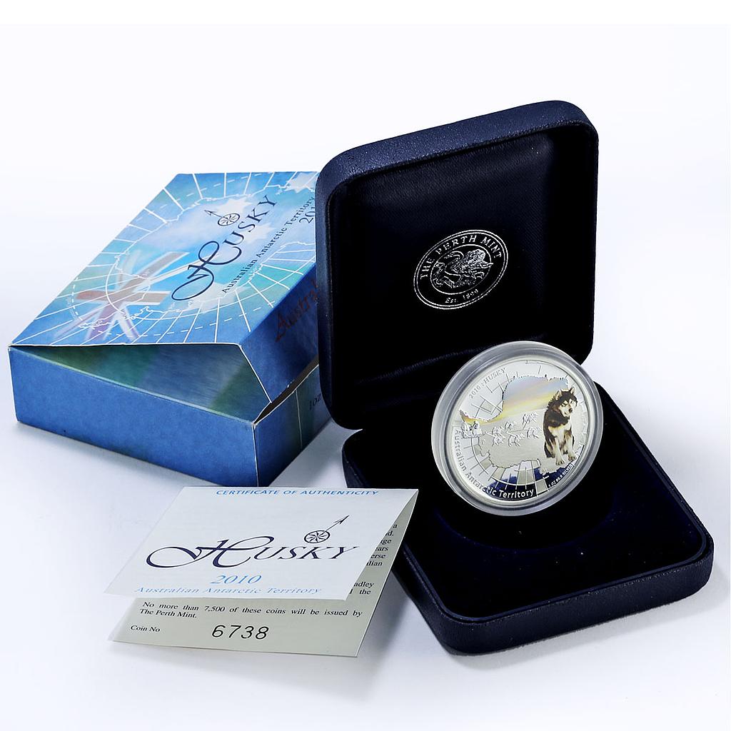 Australia 1 dollar Husky Dog Antarctic Territory Color proof silver coin 2010