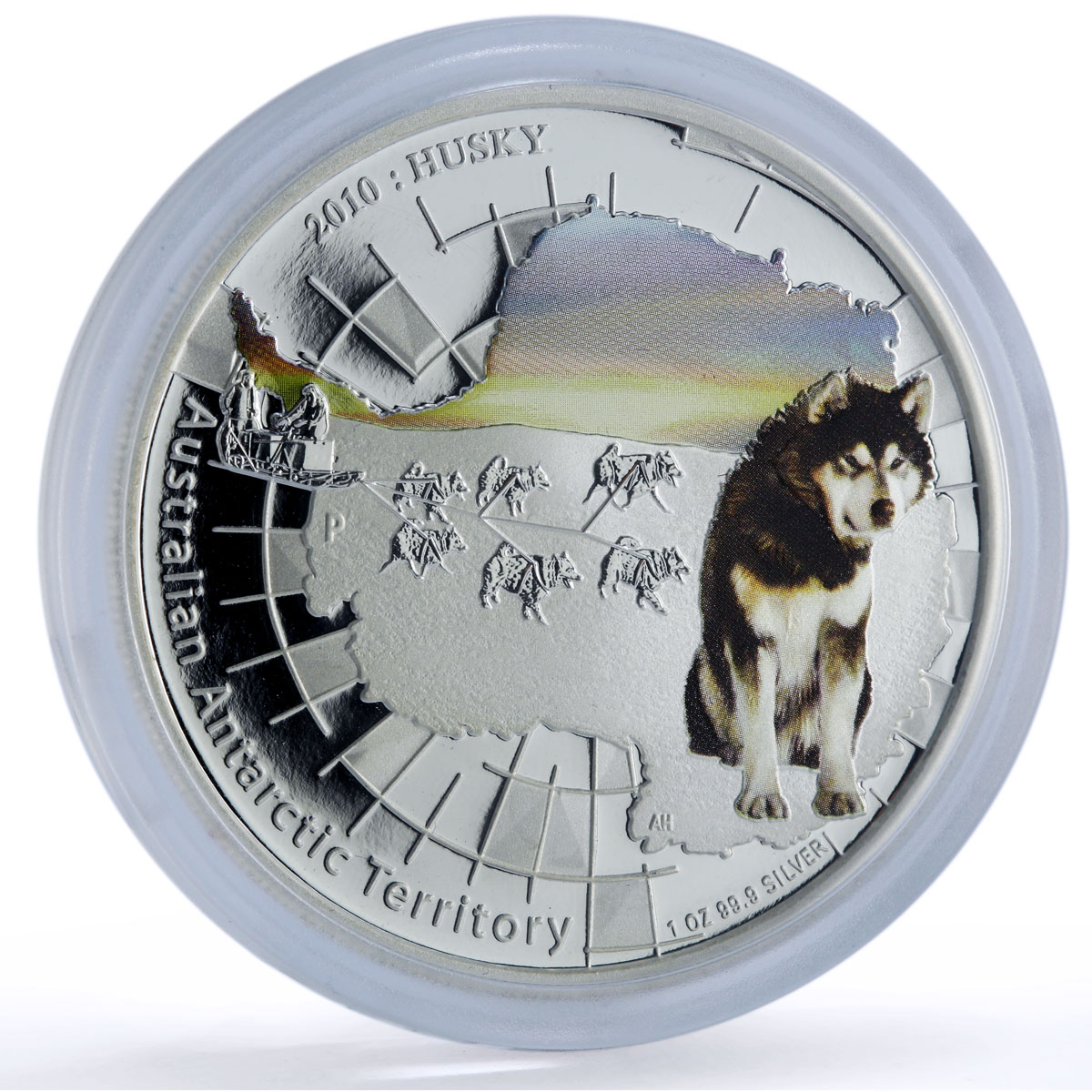 Australia 1 dollar Husky Dog Antarctic Territory Color proof silver coin 2010