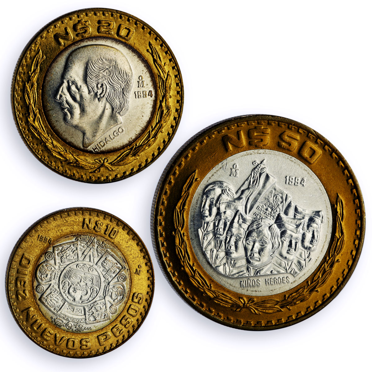 Mexico Various Pesos Set Republic Coinage Commemorative BU bimetal coins 1994