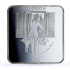Zambia 4000 kwacha Illusion Woman Cat Paintings Art proof silver coin 2001