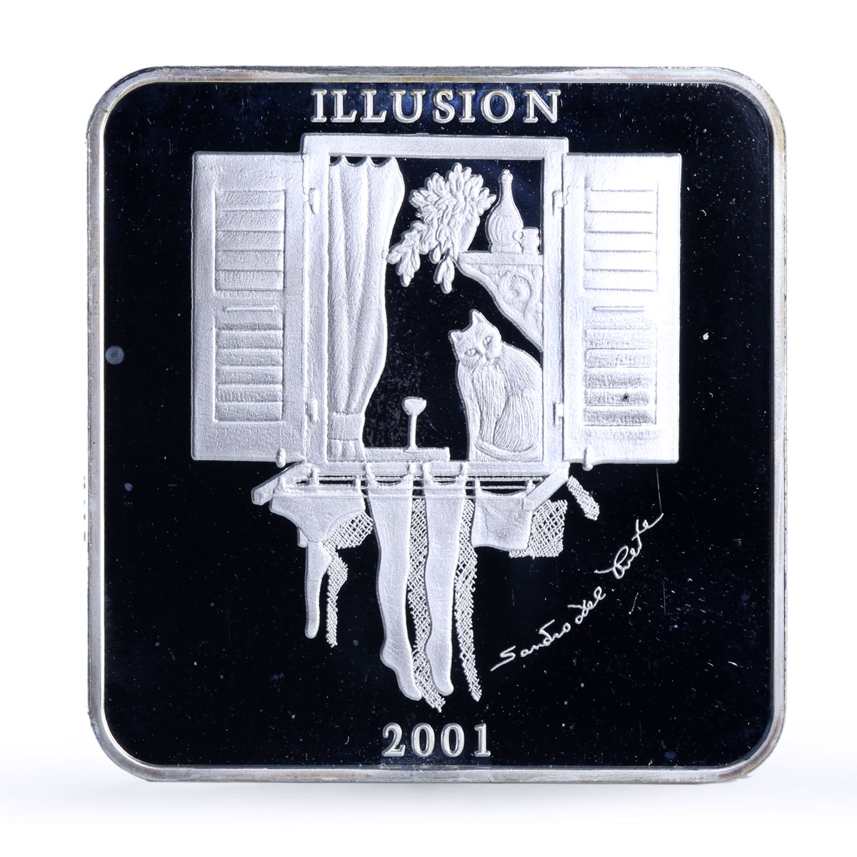 Zambia 4000 kwacha Illusion Woman Cat Paintings Art proof silver coin 2001