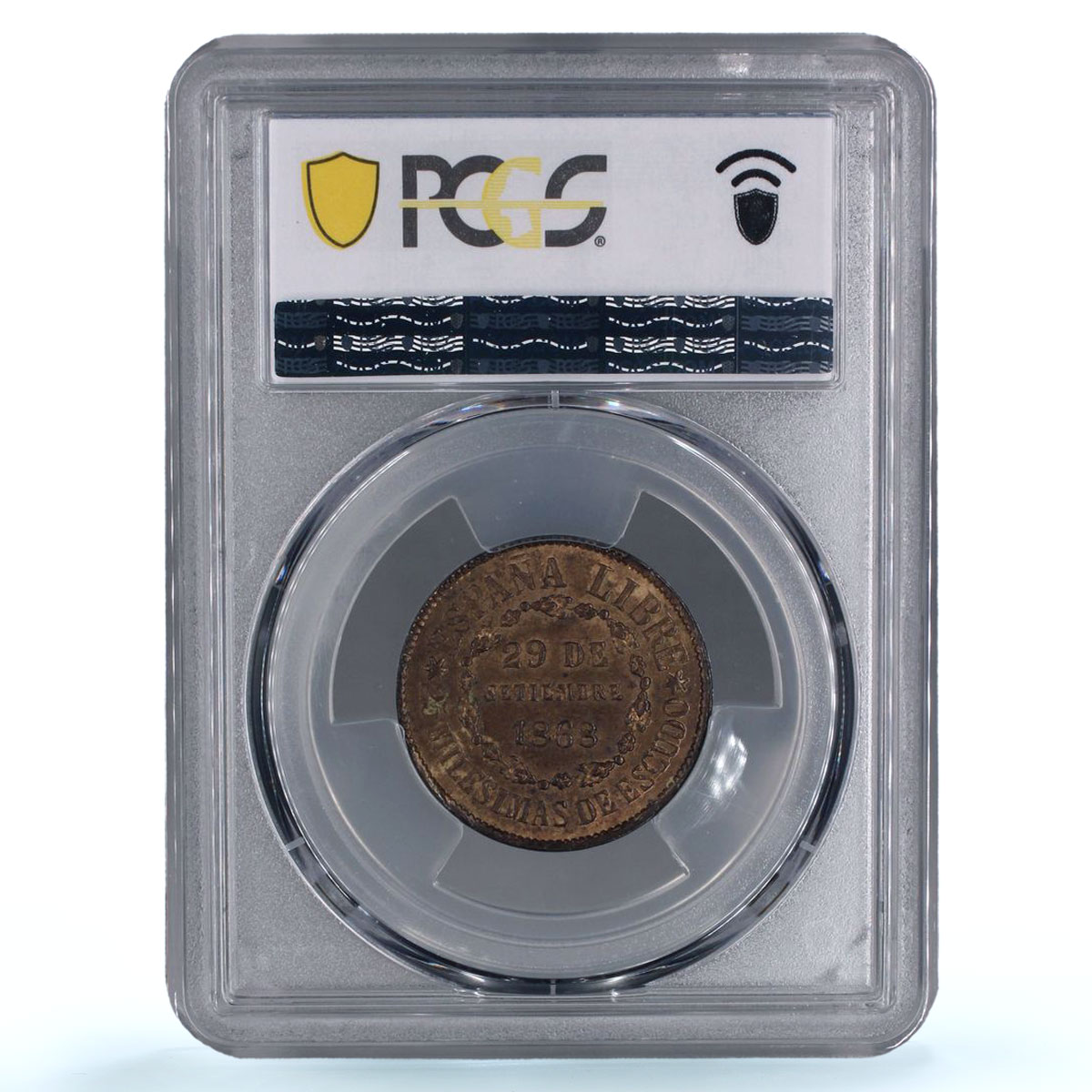 Spain 25 milesimas Glorious Revolution Provisional MS64 PCGS bronze coin 1868