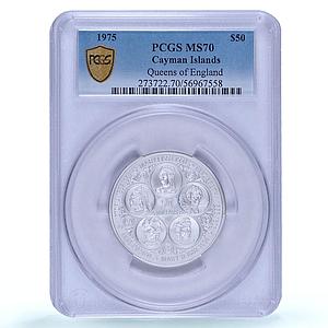 Cayman Islands 50 dollars Queens of England History MS70 PCGS silver coin 1975