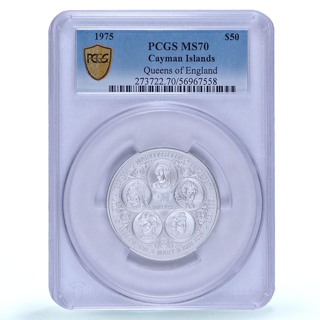 Cayman Islands 50 dollars Queens of England History MS70 PCGS silver coin 1975