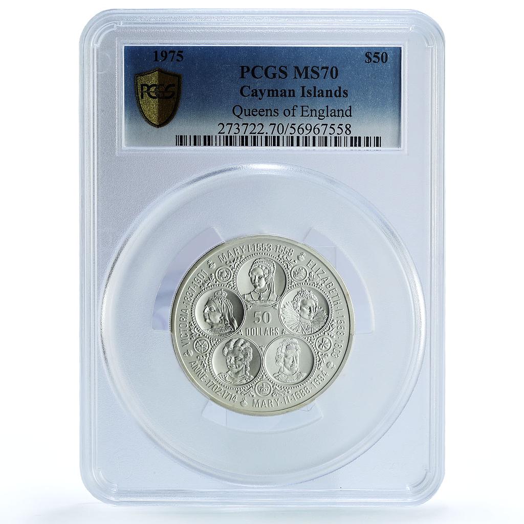 Cayman Islands 50 dollars Queens of England History MS70 PCGS silver coin 1975