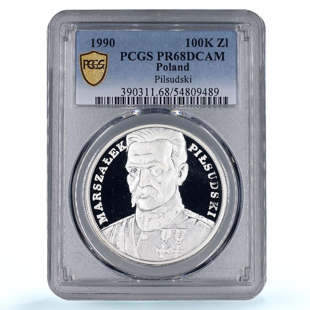Poland 100 000 zlotych Josef Pilsudski History PR68 PCGS silver coin 1990