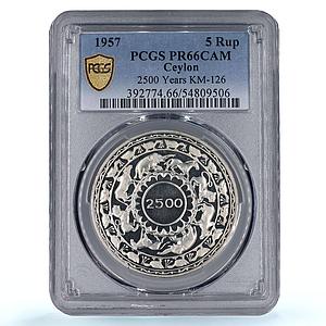 Sri Lanka Ceylon 5 rupees Buddhism Animals Religion PR66 PCGS silver coin 1957