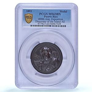 Puerto Rico Island Exposition Discovery Ship Clipper MS63 PCGS bronze medal 1893