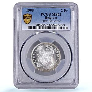 Belgium 2 francs Leopold II Dutch Text KM-59 MS 63 PCGS silver coin 1909