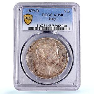 Italy 5 lire Umberto I Coinage KM-20 AU 58 PCGS silver coin 1879