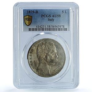 Italy 5 lire Umberto I Coinage KM-20 AU 58 PCGS silver coin 1879