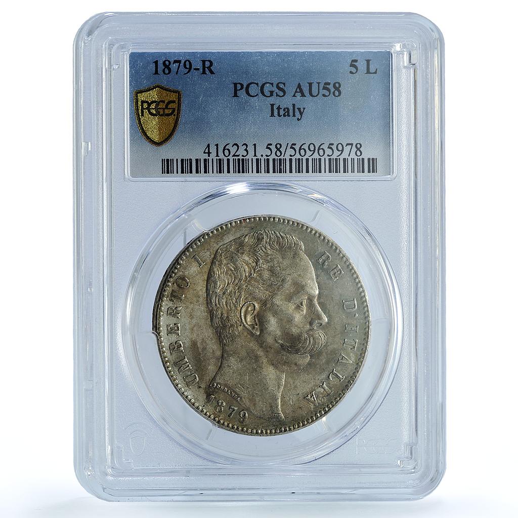Italy 5 lire Umberto I Coinage KM-20 AU 58 PCGS silver coin 1879
