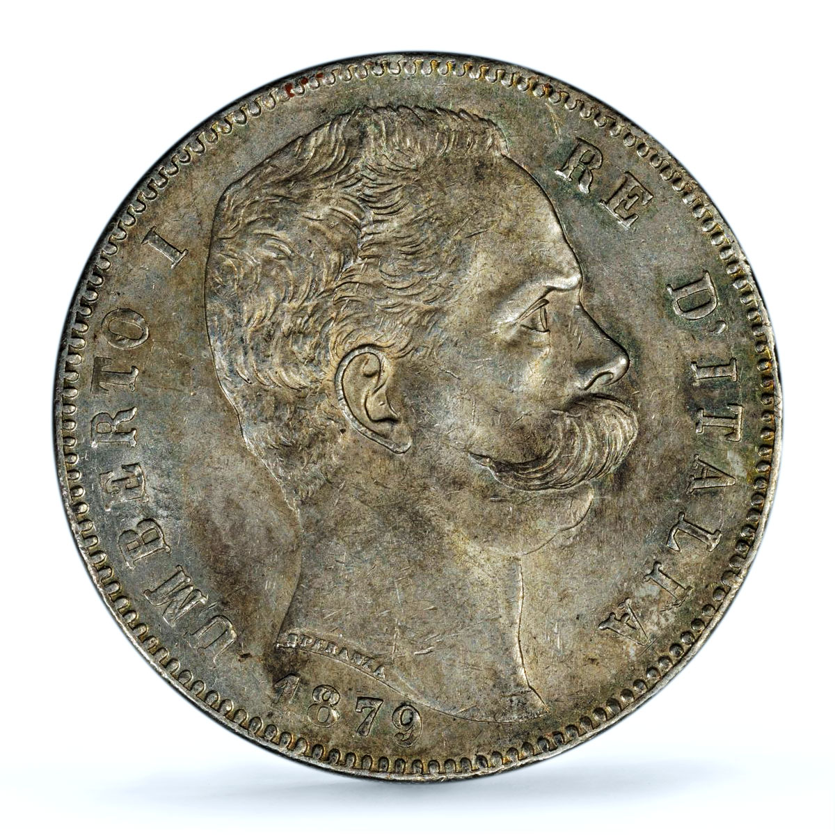 Italy 5 lire Umberto I Coinage KM-20 AU 58 PCGS silver coin 1879