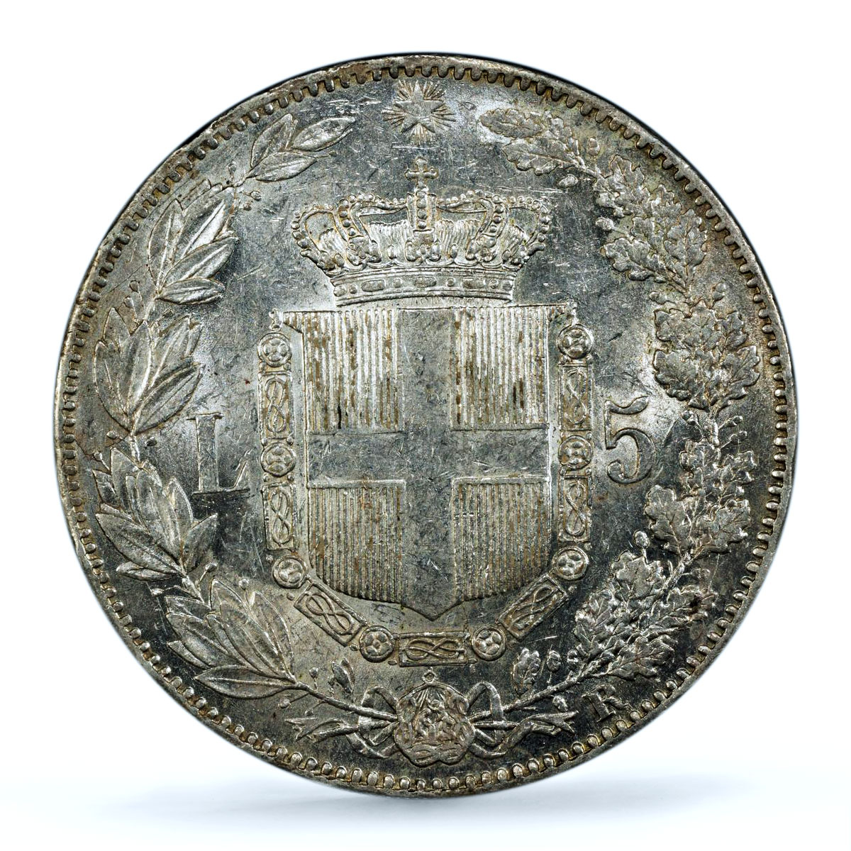 Italy 5 lire Umberto I Coinage KM-20 AU 58 PCGS silver coin 1879