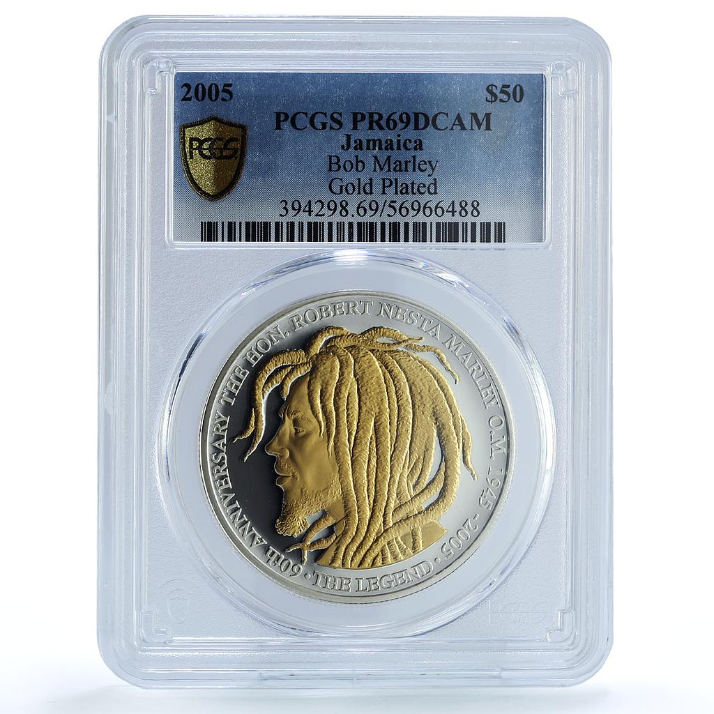 Jamaica 50 dollars Bob Marley Gilt Singer Music PR 69 PCGS silver coin 2005