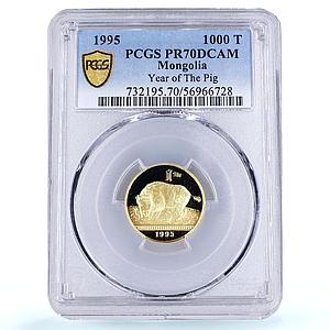 Mongolia 1000 togrog Year of the Pig Lunar Calendar PR 70 PCGS gold coin 1995