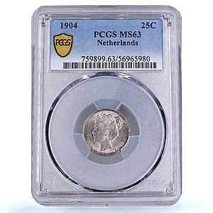 Netherlands 25 cents Queen Wilhelmina Coinage KM-120 MS 63 PCGS silver coin 1904
