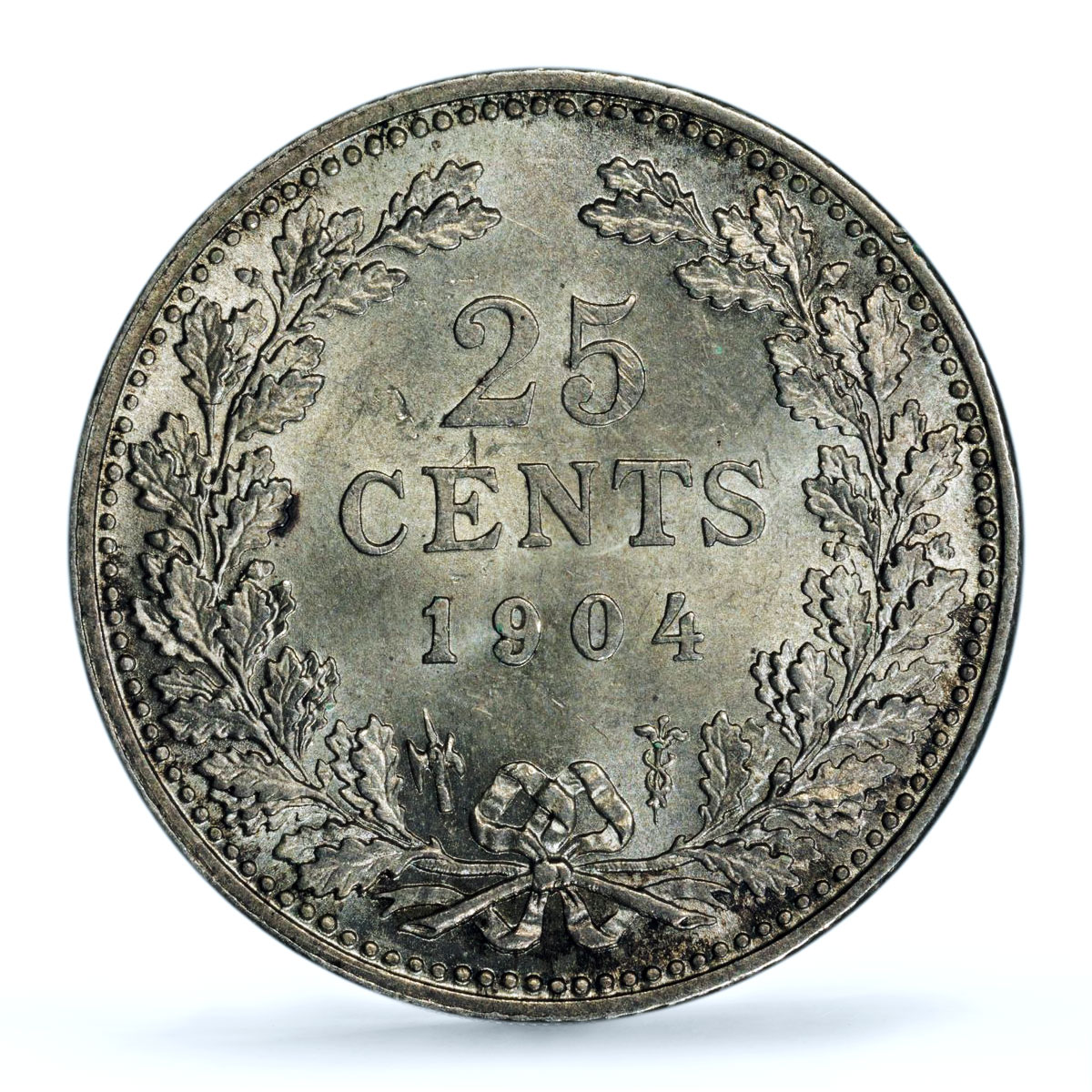 Netherlands 25 cents Queen Wilhelmina Coinage KM-120 MS 63 PCGS silver coin 1904