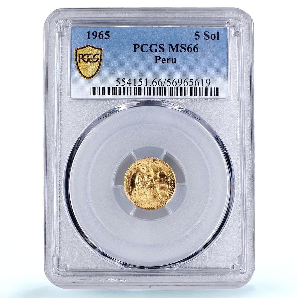 Peru 5 soles oro Republic Seated Liberty KM-235 MS 66 PCGS gold coin 1965
