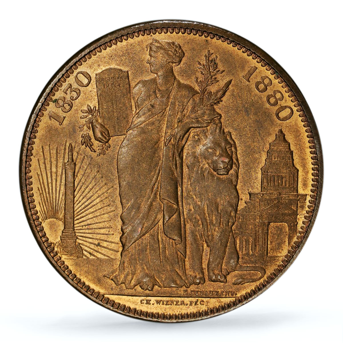Belgium 5 francs 50 Years Constitution Leopold I II MS 64 PCGS copper coin 1880