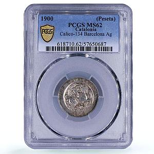Spain Barcelona 1 peseta Catalanist Union Horsemans MS 62 PCGS silver coin 1900